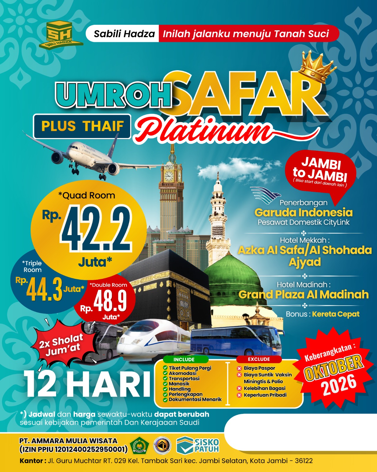 Paket Umroh Safar Platinum Plus Thaif Oktober 2026 | Umroh Eksklusif 12 Hari Mulai Rp42,2 Juta