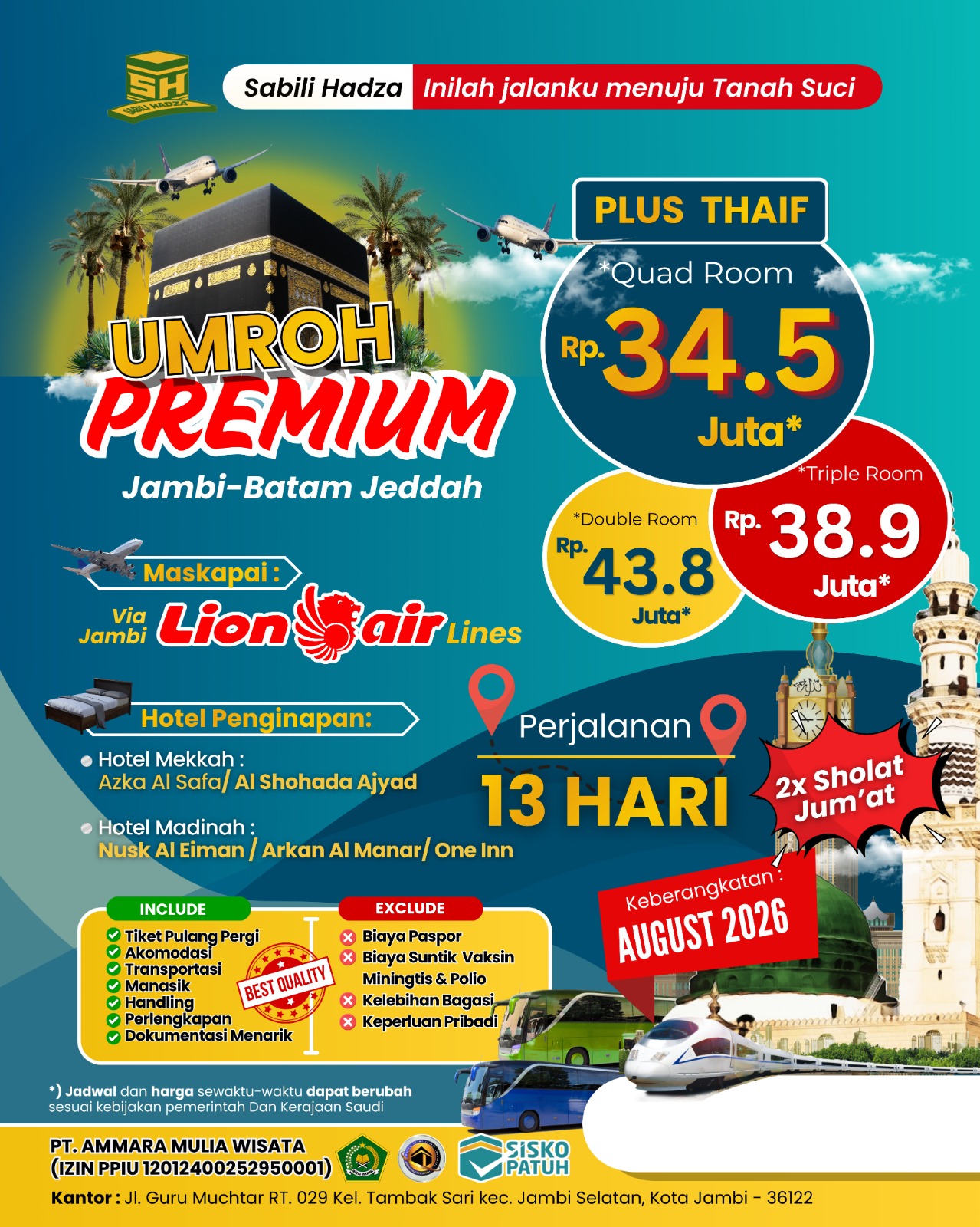 Umroh Premium Plus Thaif Agustus 2026, Program 13 Hari