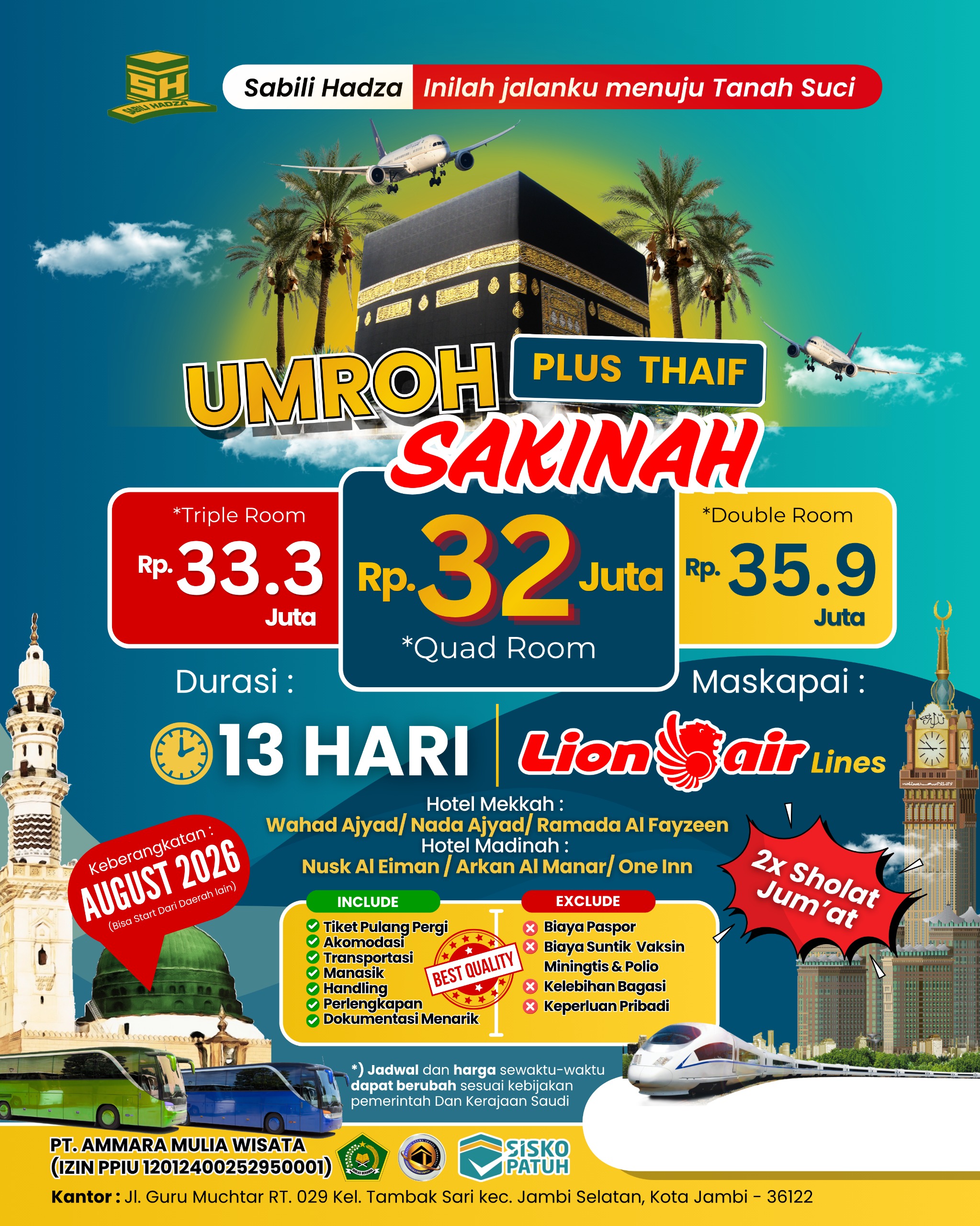 Paket Umroh Sakinah Plus Thaif Agustus 2026, Program 13 Hari